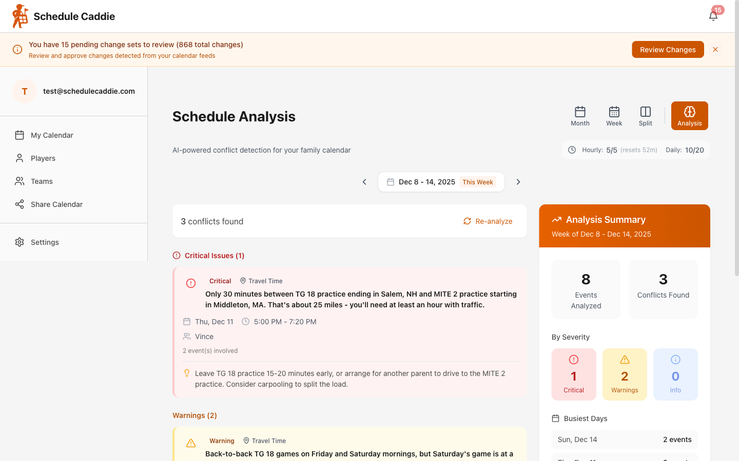 AI Schedule Analysis showing detected conflicts and busy days - Desktop view
