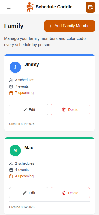 Family page showing each kid - Mobile view