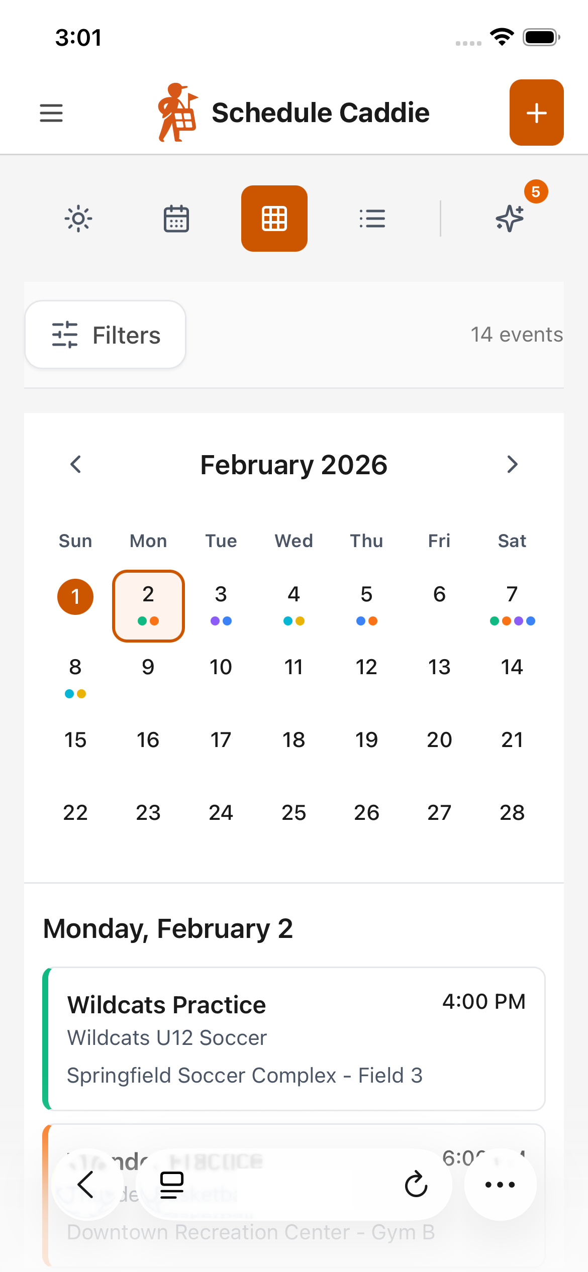 Schedule Caddie mobile app - month view