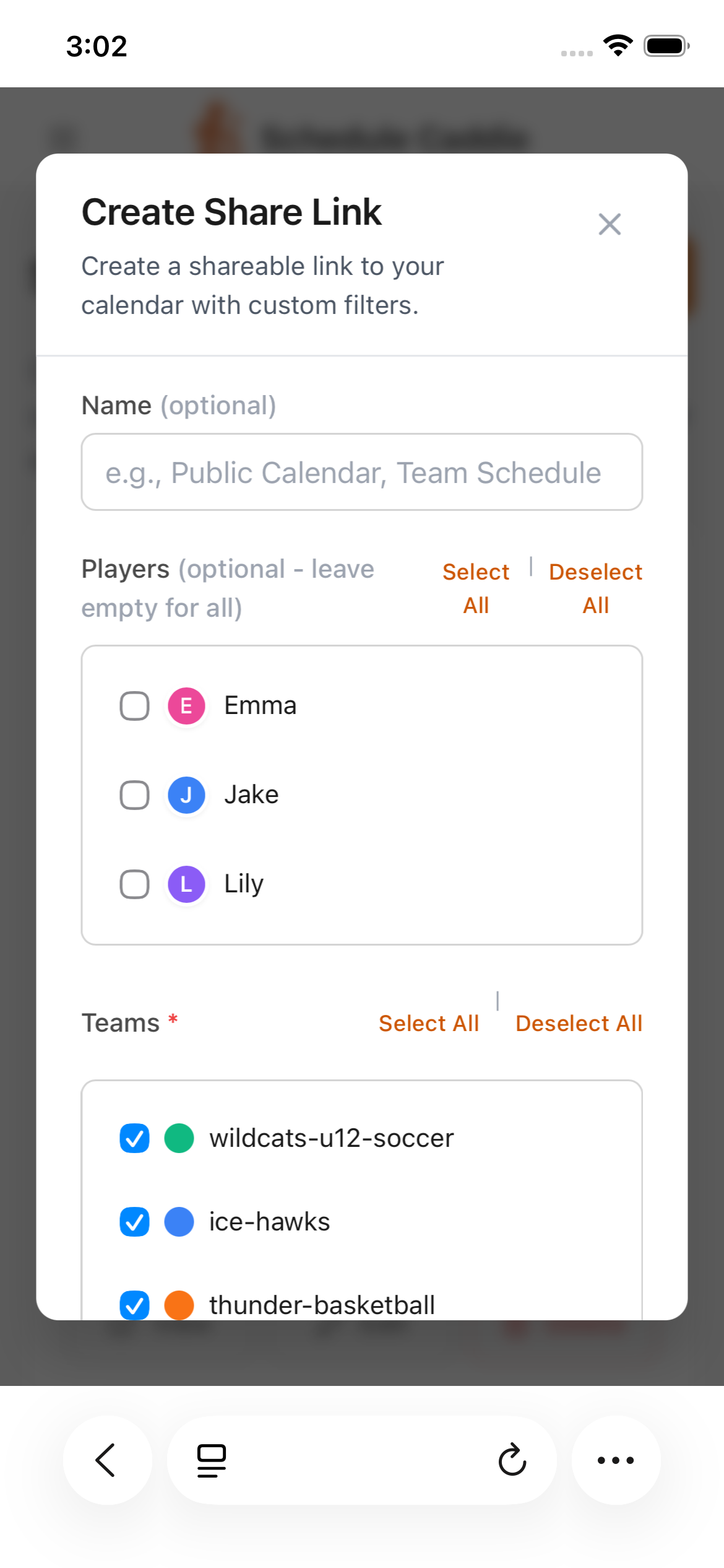 Share calendar link on mobile