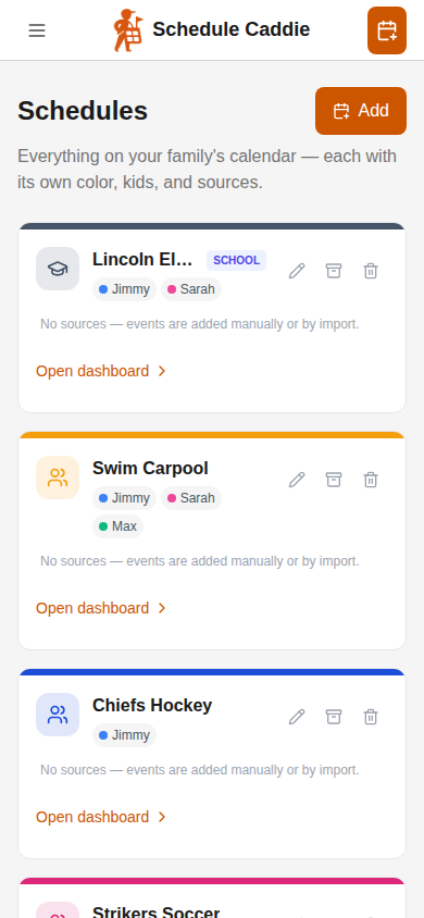 Schedules hub showing every imported schedule - Mobile view