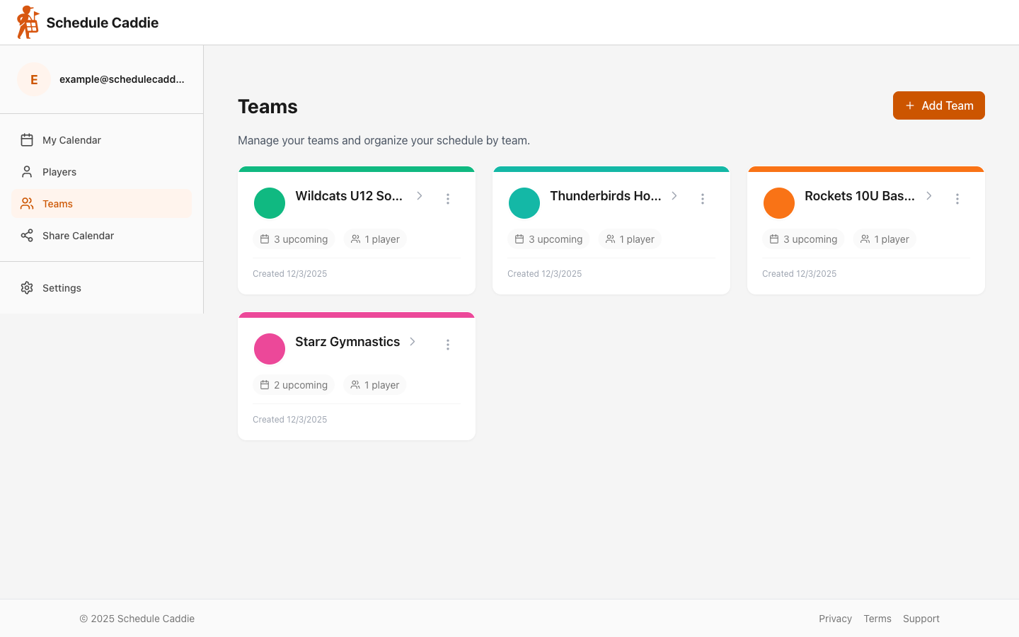 Teams page showing multiple sports teams with color coding - Desktop view