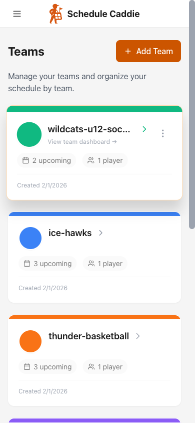 Teams page on mobile